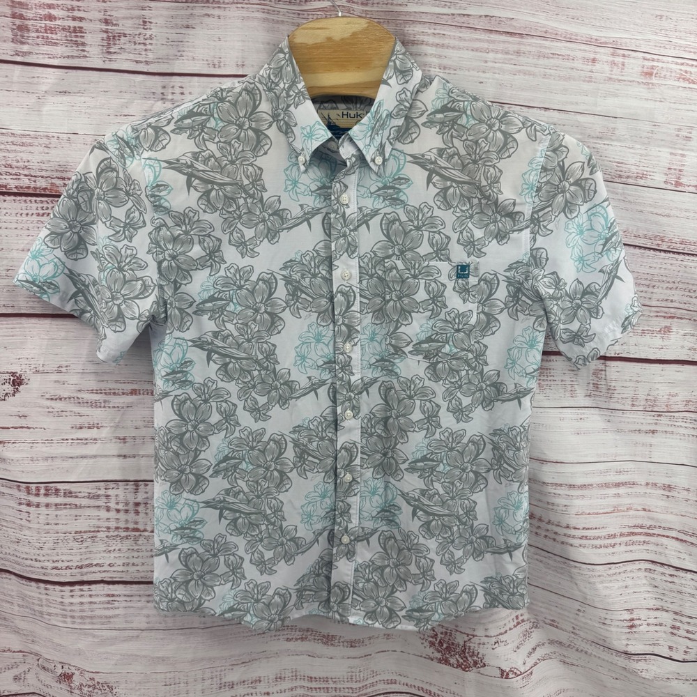 Huk Fishing Shirt Mens Medium Hawaiian Floral Marlin Performance Button Front